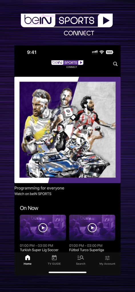 beIN SPORTS CONNECT - beIN SPORTS CONNECT home screen showing live international soccer and sports programming.