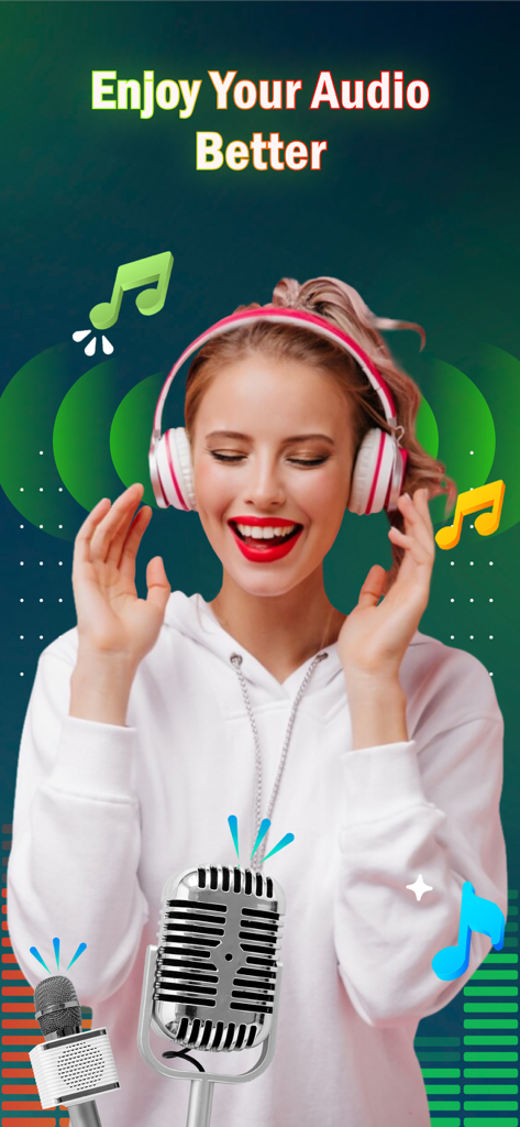 Mulher feliz usando fones de ouvido com notas musicais e visualizador de áudio para o aplicativo Volume Booster