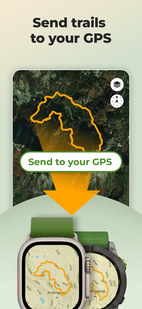 Interface showing how to send trails from Wikiloc to an Apple Watch and Garmin GPS watch.
