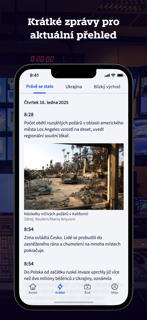 ČT24 - Mobile screenshot of the CT24 news app showing a feed of short news updates in Czech