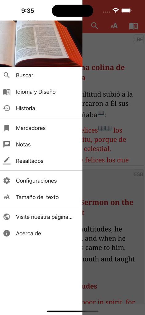 La Biblia de Estudio - Menú de navegación de la aplicación La Biblia de Estudio mostrando varias funciones de estudio y configuraciones en español