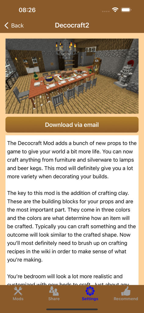 Screenshot of the Decocraft2 mod in the MC furniture app showing a Minecraft dining room with detailed furniture