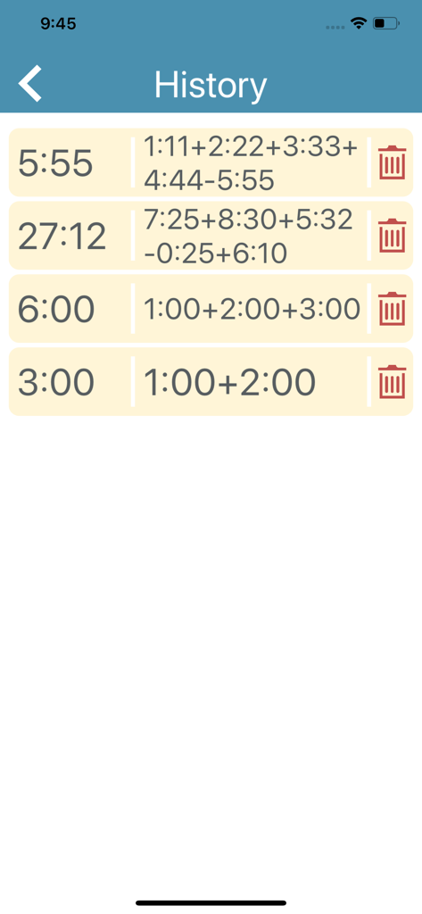 Time Calculation - Schermata della cronologia dell'app Calcolo Tempo che visualizza un registro dei precedenti calcoli di ore e minuti con formule e opzioni di eliminazione.