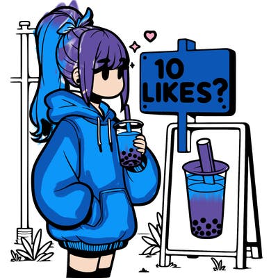 girl with oversized hoodie drinking boba and she has a high ponytail with a sign that says 10likes?