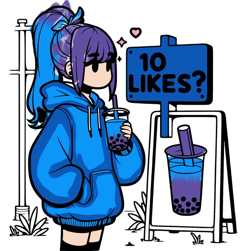 girl with oversized hoodie drinking boba and she has a high ponytail with a sign that says 10likes?