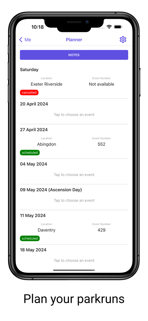 5K parkrunner results - Mobile app screen showing a schedule of upcoming parkrun events with status updates like scheduled or cancelled.
