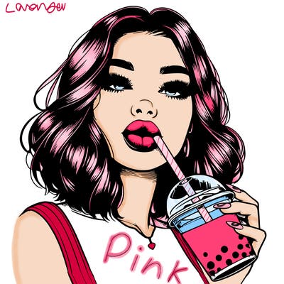 realistic girl with glossy lips holding boba