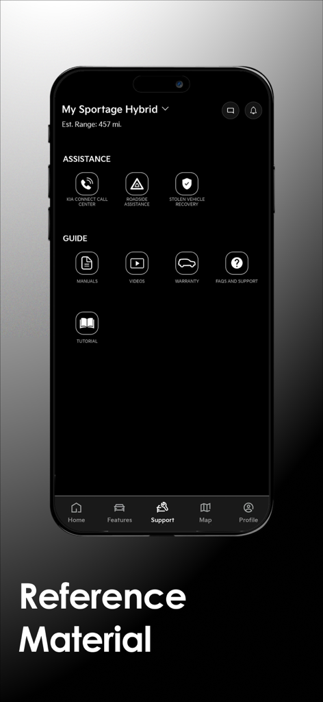 기아 스포티지 하이브리드의 지원 옵션 및 참고 자료를 보여주는 기아 액세스 앱 지원 화면