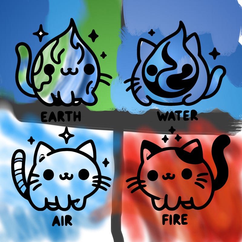 4 cats that represent the different elements, earth, water, air, and fire
