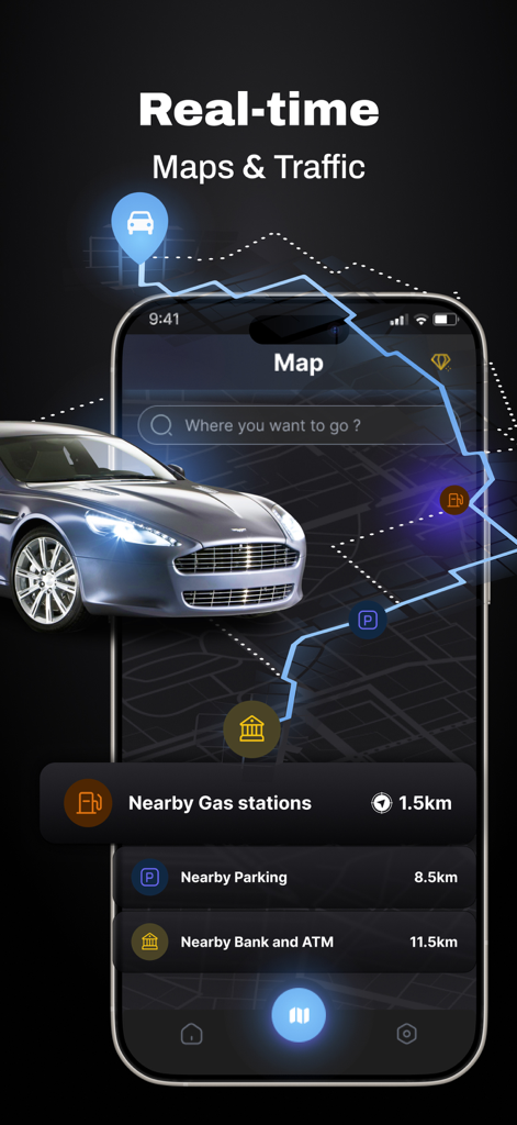 CarLink:Mirror Link Car Screen - CarLink app interface showing real-time maps and nearby locations like gas stations