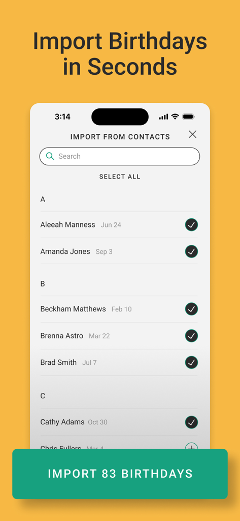 Screenshot of the BirthdayAlarm app showing how to quickly import birthdays from a phone contact list