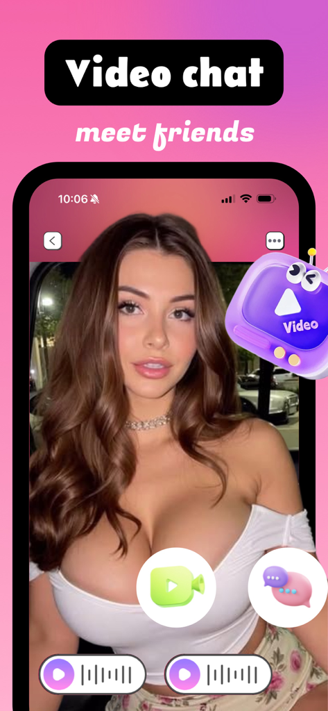 Taggo - Adult Companion，Chat - Taggoアプリのインターフェイスのビデオチャットのスクリーンショット。女性とビデオおよびメッセージングのボタンが表示されている。