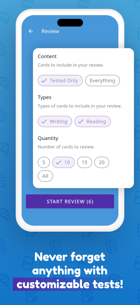 A screen showing customizable review settings for writing and reading Korean Hangul with options for card quantity and content type.