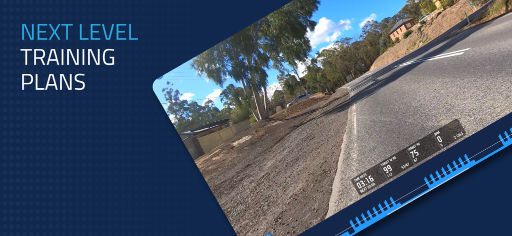 FulGaz Indoor Cycling App - FulGaz indoor cycling app interface displaying next level training plans on a real world road video