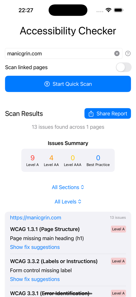 Screenshot of the Accessibility Checker app interface showing a summary of WCAG compliance issues and detailed fix suggestions for a website.