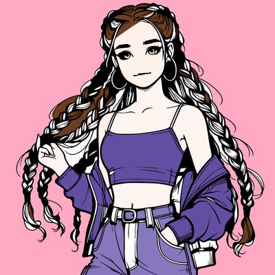 realistic teenage girl in braids with a crop top and cargo jeans