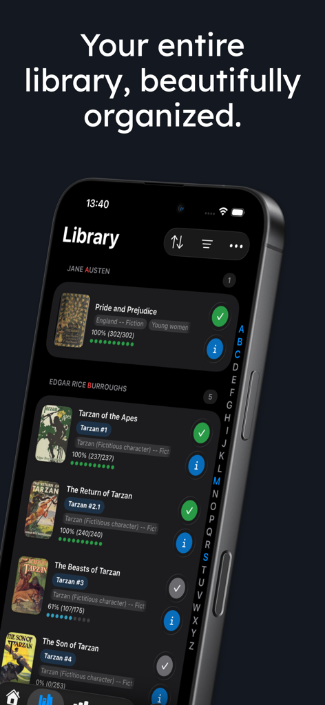 justRead.app: EPUB Reader - The library screen of the justRead EPUB reader app displaying an organized list of books in dark mode on an iPhone