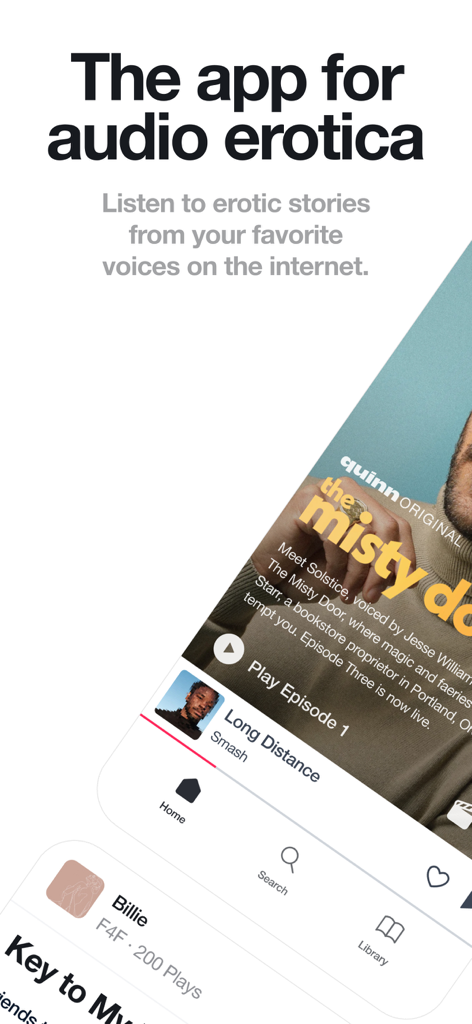 Mobile interface for Quinn audio erotica app showing featured stories and navigation icons