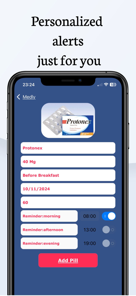 Medly・Medicine Reminder・Alarm - Interfaz de smartphone que muestra configuraciones de recordatorio de medicamentos personalizados y configuración de alarma matutina