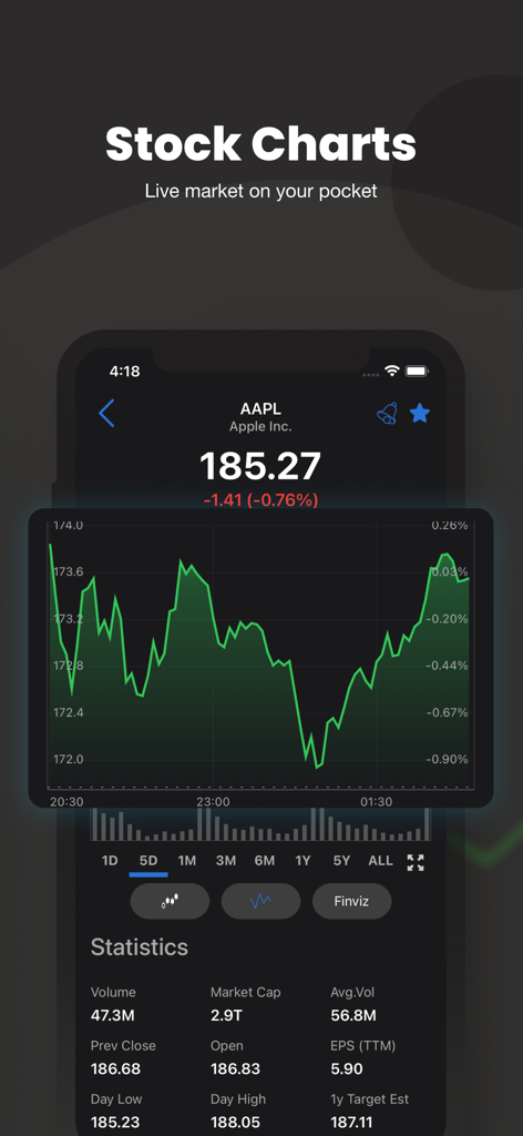 Interface do aplicativo Stock Screener mostrando gráfico e estatísticas de ações da Apple (AAPL) em tempo real