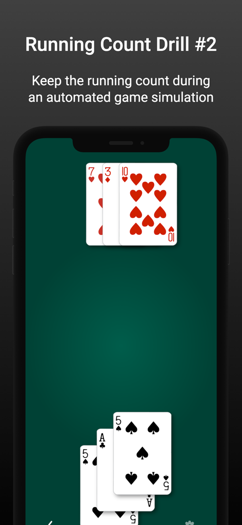 Blackjack Hi-Lo Card Counting - Mobile app screenshot showing a running count drill for blackjack card counting practice