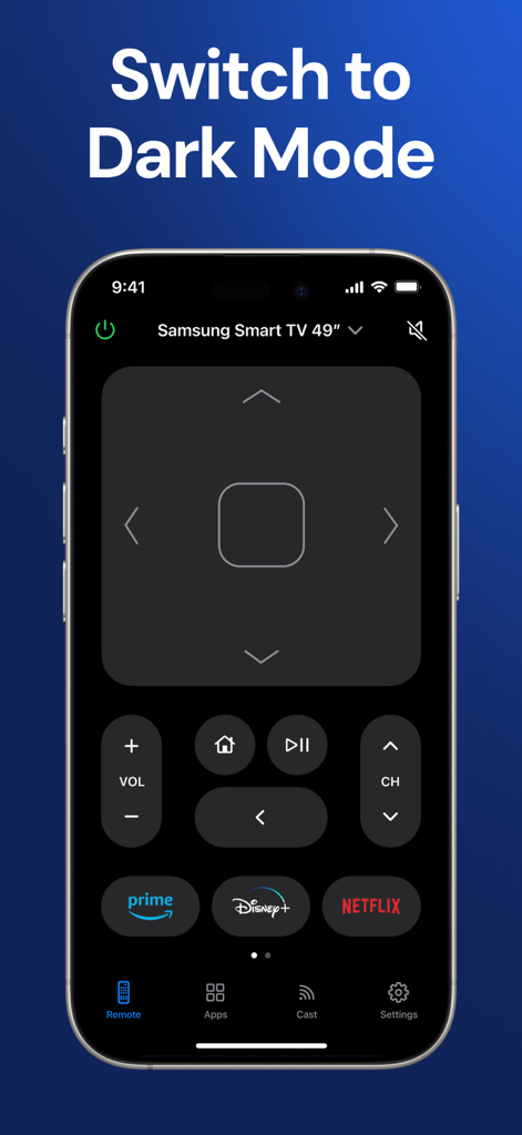Universal Remote Control TV ・ - Interfaz de la app Control Remoto Universal para TV en modo oscuro en un iPhone