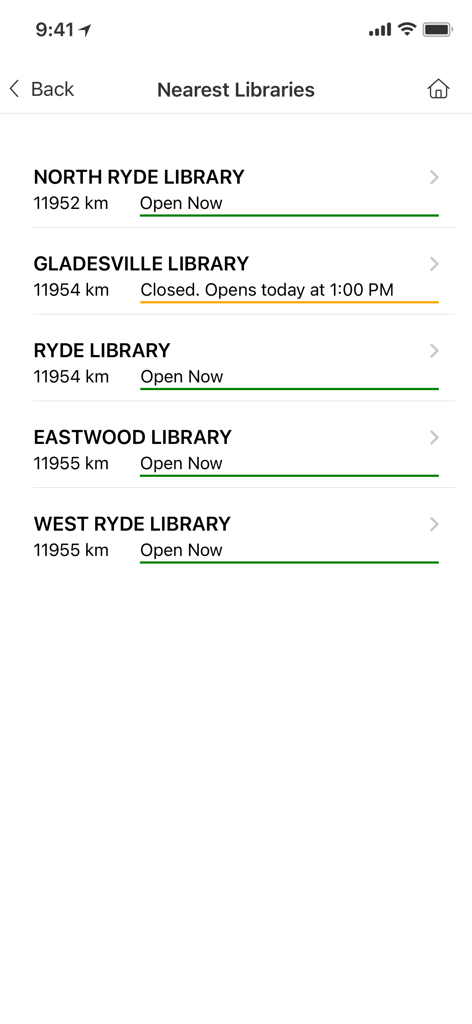 City of Ryde Libraries - A list of nearby library branches in the City of Ryde app showing distance and opening hours.