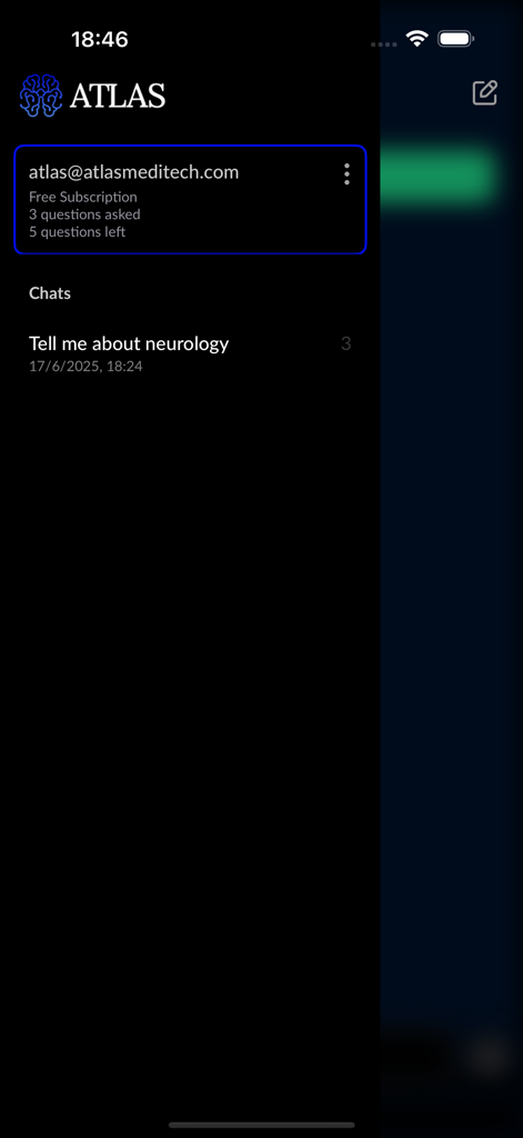 ATLAS: Medical Intelligence - Side navigation menu of the ATLAS Medical Intelligence app showing a user profile and recent chat history.