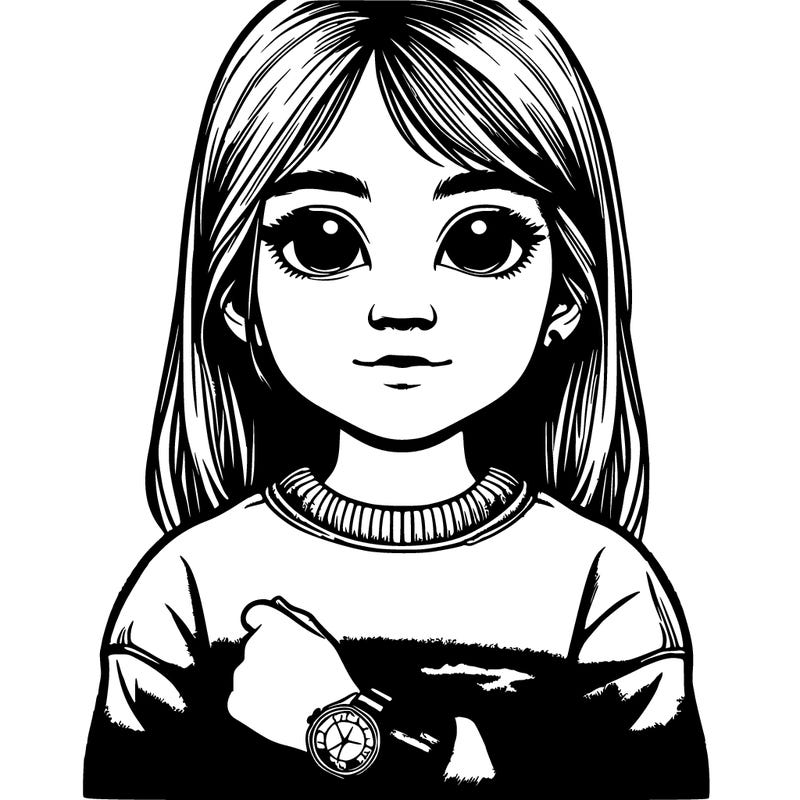 realistic 9 year old girl with medium long hair kind of skinny sort of big eyes a watch on her right wrist, and wearing a sunset dyed-tyed sweatshirt