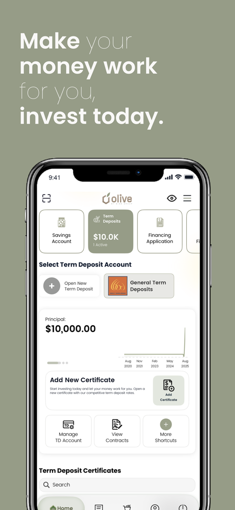 Olive Pro - Smartphone screen displaying the Olive Pro investment dashboard with term deposit options and principal balance