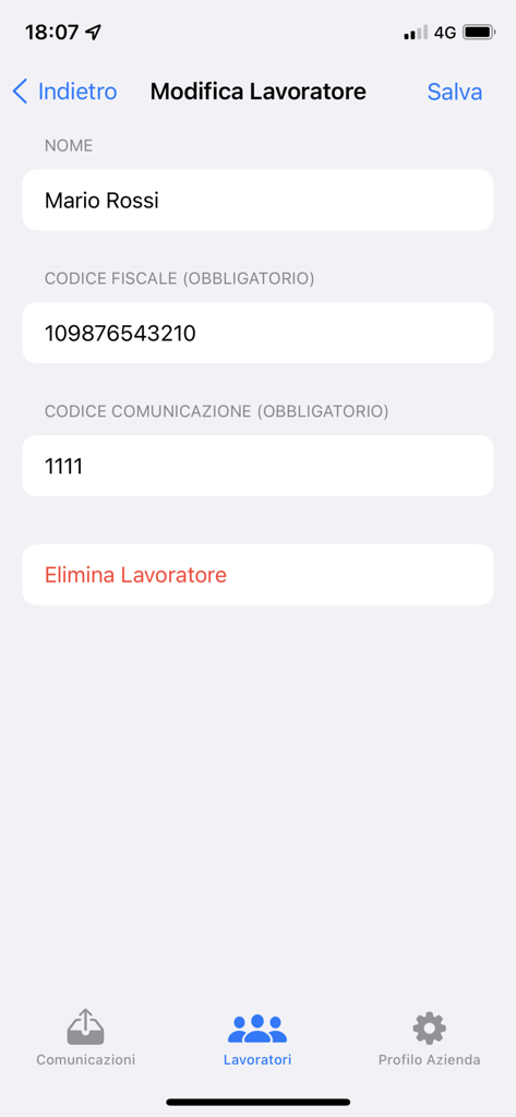 Interfaccia dell'app Lavoro intermittente Chiamata che mostra la schermata Modifica Lavoratore con campi per nome e codice fiscale