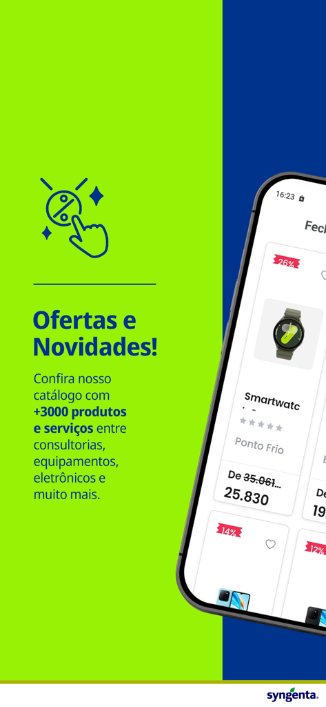 Acessa Agro - Tela do aplicativo Acessa Agro exibindo um catálogo de produtos com recompensas e ofertas para produtores rurais