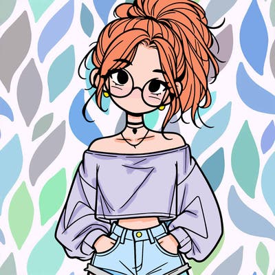 girl with a messy ponytail glasses a baggy crop top and jean shorts