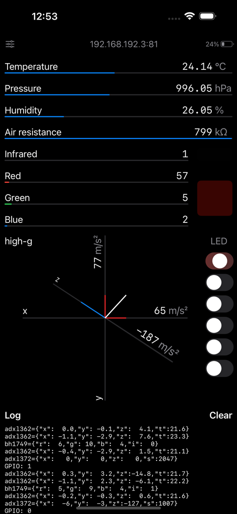 IoT sensors app dashboard showing real-time sensor data and raw JSON logs
