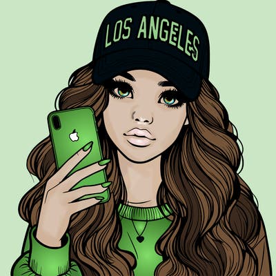 realistic beautiful girl wearing los ángeles cap holding an iphone