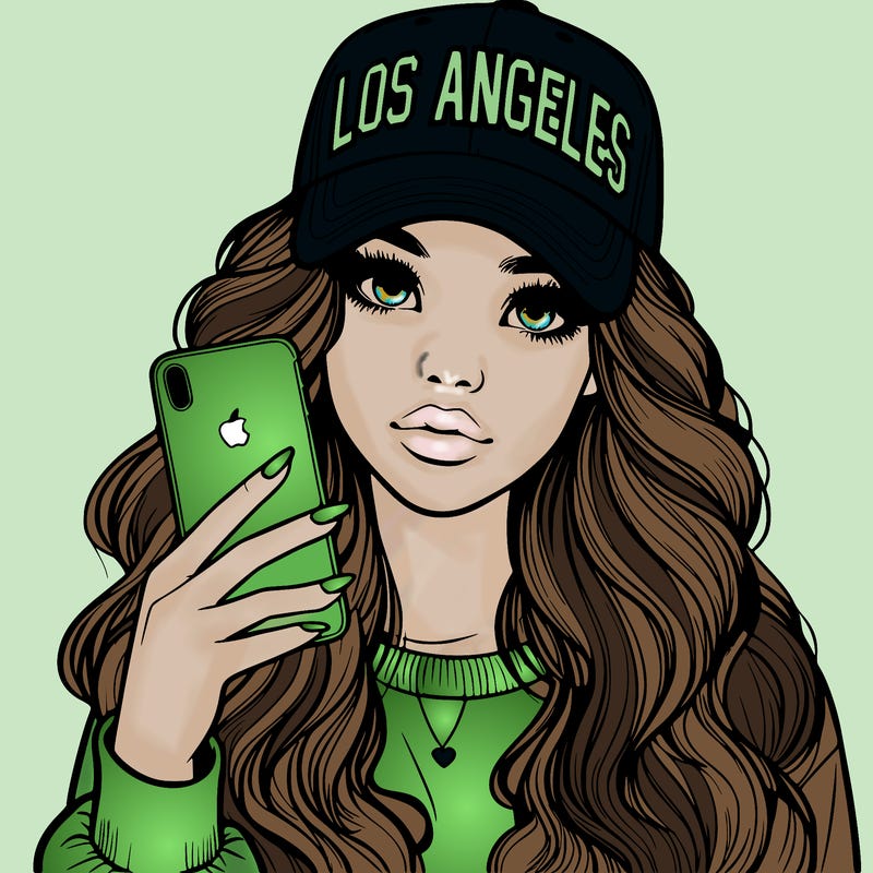 realistic beautiful girl wearing los ángeles cap holding an iphone