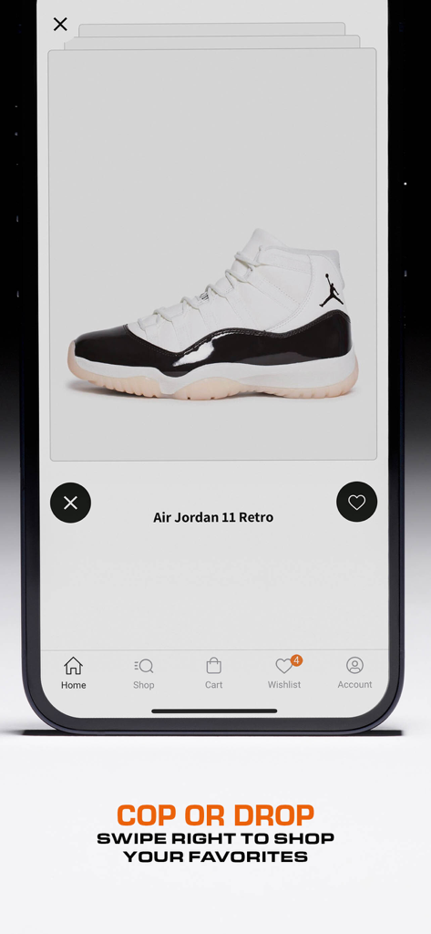 Air Jordan 11 Retro sneaker on the SNIPES app Cop or Drop interface