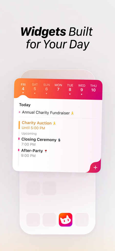 Toki AI Kalender Widget für iOS, das den Tagesplan und die Termindetails anzeigt.