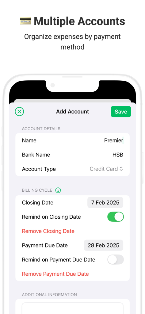 Uno screenshot dell'app Trac che mostra la schermata Aggiungi Conto dove gli utenti possono inserire i dettagli della carta di credito e impostare promemoria per il ciclo di fatturazione.