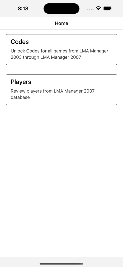 LMA Manager Hub - Home screen of the LMA Manager Hub app showing main menu options for unlock codes and player database search.
