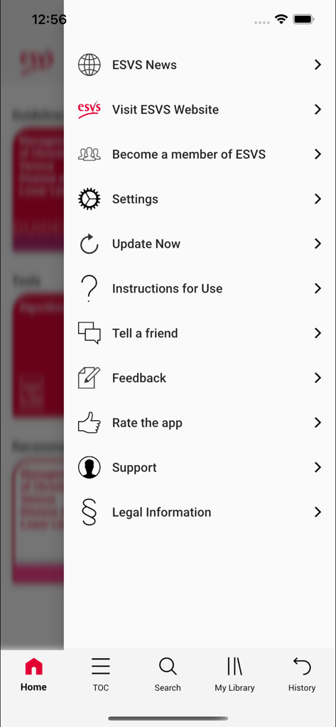 ESVS Clinical Guidelines - Sidebar navigation menu for the ESVS Clinical Guidelines app featuring links to news, settings, and member information