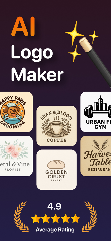 AI Logo Maker & Logo Creator - KI Logo-Ersteller App-Oberfläche, die verschiedene Geschäftslogo-Beispiele und eine Bewertung von 4,9 Sternen zeigt
