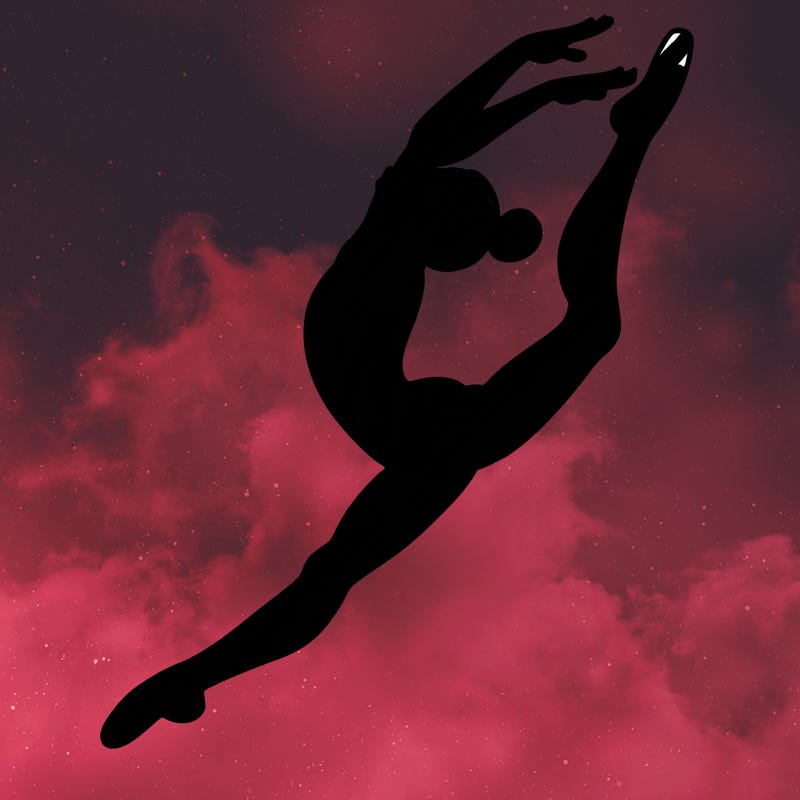 gymnast doing a leap in a leotard with a bent back leg