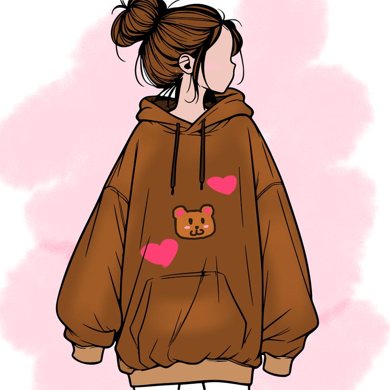 realistic girl with a oversized sweatshirt on and a bun