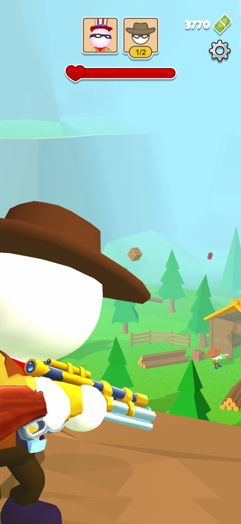 Western Sniper: Wild West FPS - 西部劇の風景の中で無法者たちを狙う金色のスナイパーライフルを持ったスティックマンのカウボーイのファーストパーソンビュー