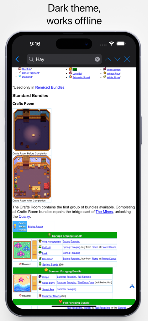 Detailed guide of the Crafts Room and foraging bundles in the Stardew Valley database mobile app.