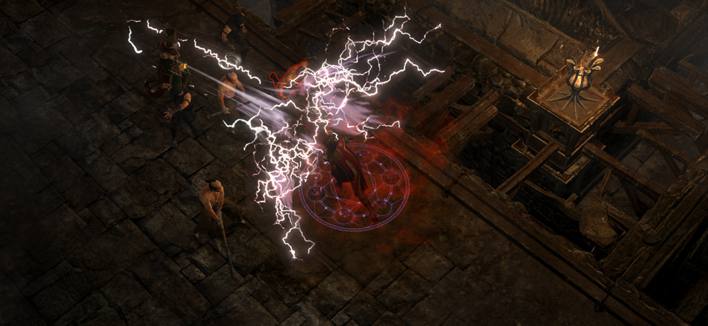 A character casts a bright lightning spell over a glowing magic circle in a dark fantasy dungeon