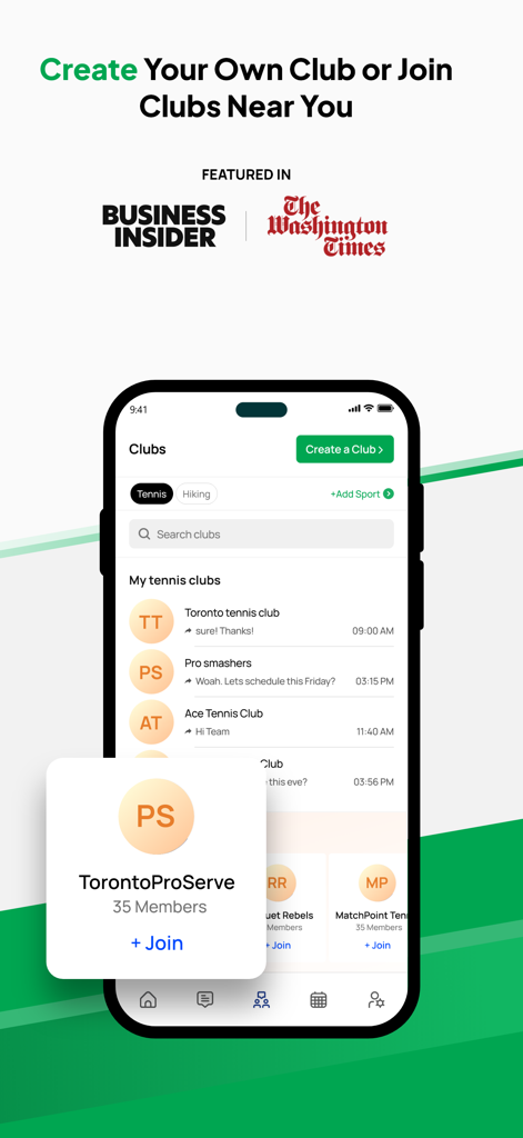 ConnectPlayers: Find Chat Play - ConnectPlayers mobile app interface showing a list of local sports clubs to join