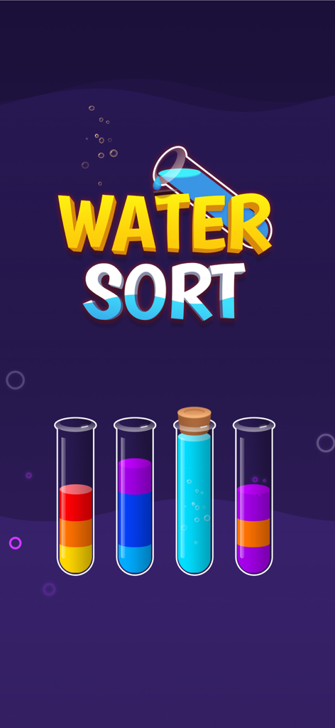 Color Water Sort: Puzzle Game - Pantalla de título del juego de puzles Color Water Sort con tubos de ensayo con líquidos de varios colores