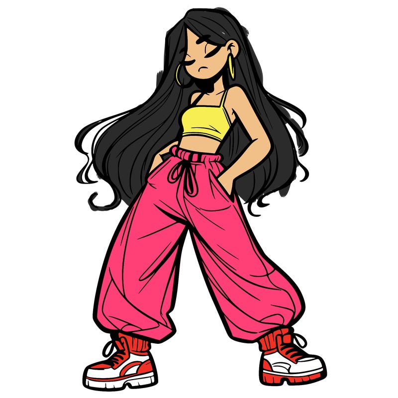 girl in baggy pants crop top and long hair